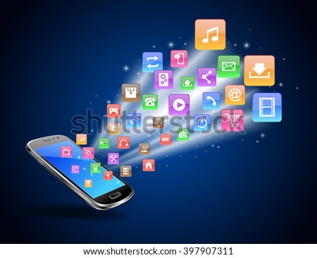Futuristic Mobile Phone Vector Illustration with Holographic World Map and Social Media Icons