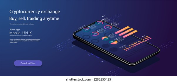 Futuristic mobile technology concept. Market trend analysis on smartphone with line chart and graphs . Design infographic, statistics on screen. Landing page template. Vector.