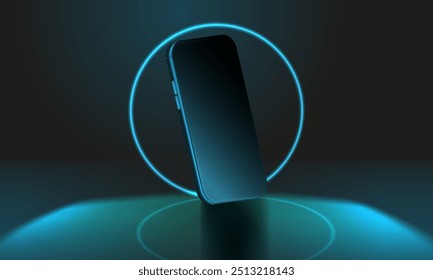 Futuristic mock up smartphone with neon circle. Technology ai phone on dark blue background. Blank display screen future vector.