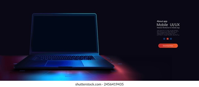 Futuristic mockup Laptop with Blue Backlight on Dark Background. A 3D illustration of an open laptop illuminated by a neon blue light on a dark backdrop, showcasing modern technology and connectivity.