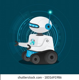 Futuristic model cyborg or robot with artificial intelligence. Dark blue background with electronic digital circles. Futuristic cyber smart electronic machine. Technologically developed android