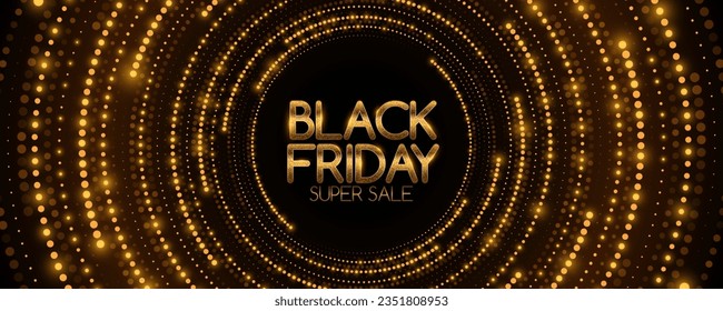 Futuristic modern banner for Black Friday sale. Digital circles with glowing golden dots. Luxury abstract cover. Vector illustration. EPS 10.