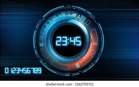 Futuristic modern clock face with a set of glowing digits. HUD user interface with technology stopwatch. Vector illustration.