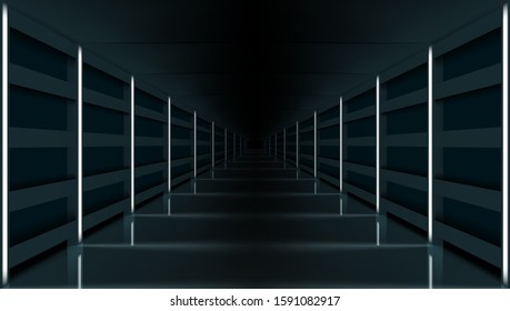 Futuristic Modern Concrete Hallway Dark Corridor Underground Garage. EPS10 Vector