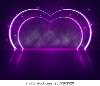 Futuristic modern empty stage with reflective dark room, glowing neon heart shape, and cloud. 3D render for romantic, tech, and creative design projects.