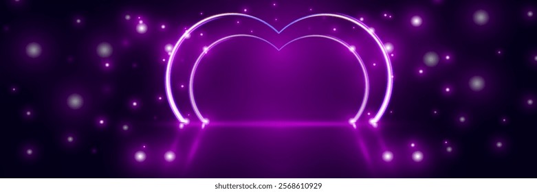 Futuristic modern empty stage with reflective dark room, glowing neon heart shape, and cloud. 3D render for romantic, tech, and creative design projects.