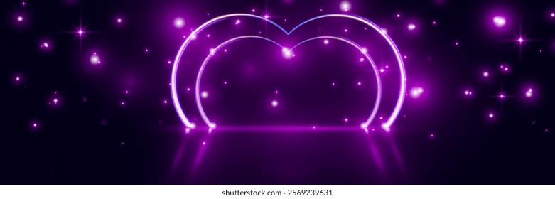  Futuristic modern empty stage with reflective dark room, glowing neon heart shape, and cloud. 3D render for romantic, tech, and creative design projects.