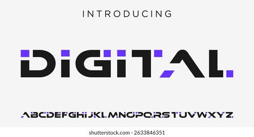 Fuentes geométricas modernas futuristas. Fuente digital de tecnología de alfabeto abstracto. Tecnología de tipografía, electrónica, película, digital, música, futuro, fuente creativa del logotipo. Ilustración vectorial