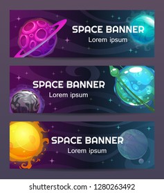 Futuristic modern horizontal space banners set. Cosmic concept. Fantasy cartoon planets on the space background. Vector illustration.