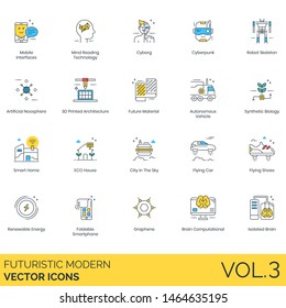 Futuristic modern icons including mobile interface, cyborg, cyberpunk, robot skeleton, noosphere, 3D printed architecture, autonomous vehicle, smart home, eco house, flying car, shoes, graphene.