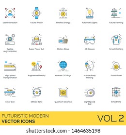Futuristic modern icons including user interaction, wireless energy, farming, augmentation, superpower suit, motion glove, AR glasses, high speed transportation, internet of things, quantum machine.