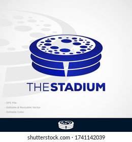 Futuristic or modern linear sport stadium design with lamps and flag poles. Sporting field symbols or badges of playfield for soccer or football gameSport stadium or arena vector isolated icons set. 