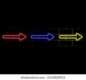Futurista moderna Neon Pink e azul Gradiente Brilhante Quadro de setas para banner no fundo de tijolo de concreto escuro e vazio Grunge. Vetor Vintage azul roxo direções luminária. Símbolo de Neon Retrô.