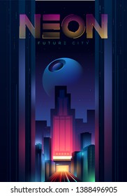 Futuristic modern poster. Retrowave and cyberpunk style cover. Wide view of the night neon city. Motion traffic car lights