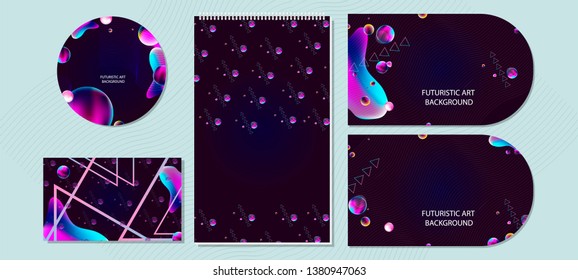 Futuristic modern set of banner different forms card universe stars galaxy 3d study glitched circle. Background starry glowing abstraction planet neon frame
