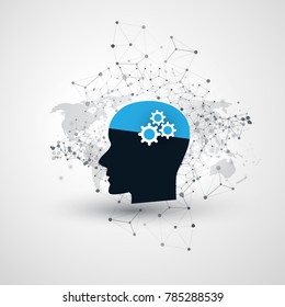 Futuristic Modern Style Machine Learning, Artificial Intelligence and Global Digital Network Communication Design Concept with Wire Mesh, World Map and Human Head