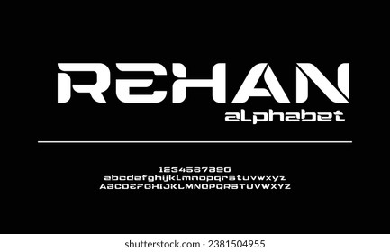 Futuristic modern techno sci fi bold display stencil font, abstract geometric clean monospaced letter set homan typeface