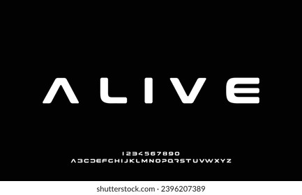 Futuristic modern techno sci fi bold display stencil font, abstract geometric clean monospaced letter set alive typeface