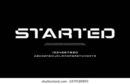 Futuristic modern techno sci fi bold display stencil font, abstract geometric clean monospaced letter set