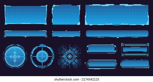 Futuristische moderne Benutzeroberflächen, leere rechteckige Rahmen, Knöpfe, HUD-Stil-Anblicke für das Spieldesign. Layout-Vorlage für futuristische Rahmen einzeln auf blauem Hintergrund.