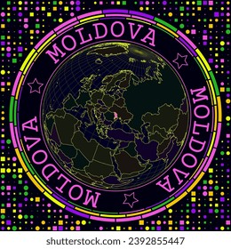 Futuristic Moldova on globe. Bright neon satelite view of the world centered to Moldova. Geographical illustration with shape of country and geometric background. Trendy vector illustration.