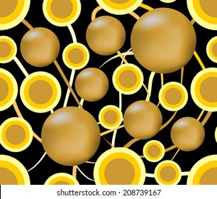 Futuristic molecular abstract background with gold balls in the dark area