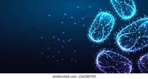 Futuristic monkey pox virus concept banner with glowing low polygonal virus cell and place for text 