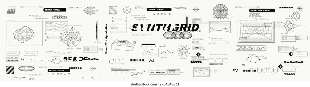 Futuristic monochrome HUD elements sheet with wireframe diagrams, abstract maps, control panels, geometric scans, labels, and sci-fi interface symbols for vector design systems.