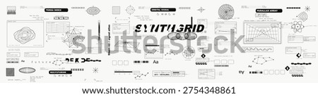 Futuristic monochrome HUD elements sheet with wireframe diagrams, abstract maps, control panels, geometric scans, labels, and sci-fi interface symbols for vector design systems.