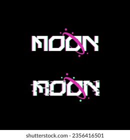 juego de logos de luna futurista y planeta. logotipo de glitch.