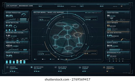 Futuristic moonbase life support control dashboard interface