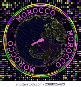 Futuristic Morocco on globe. Bright neon satelite view of the world centered to Morocco. Geographical illustration with shape of country and geometric background. Amazing vector illustration.