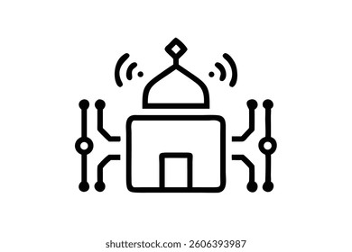 Futuristic mosque design with advanced smart technology, digital integration, and wireless connectivity showcasing Islamic architecture and innovation