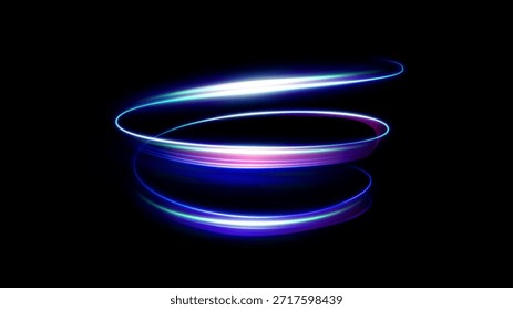Futuristic motion vector background with neon light trails streaking through dark scene. Perfect for illustrating cyberpunk aesthetics, tech innovation, data transfer speed, and digital connectivity