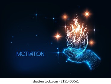 Futuristic Motivation Concept With Glowing Low Polygonal Human Hand Holding Flame 
