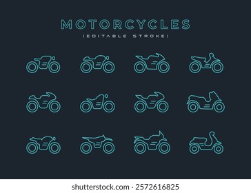 Futuristic motorcycle icons set. Modern motorcycles line art outline graphic style. Editable stroke lines vector illustration template.