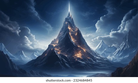 Futuristic mountain with glowing path to the top. Desktop wallpaper, sci fi environment