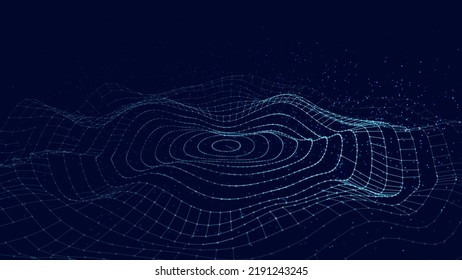 Ola de círculo móvil futurista. Fondo digital con partículas y líneas en movimiento. Gran visualización de datos. Ilustración vectorial.