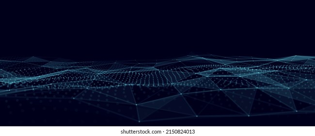 Futuristic moving wave. Digital background with moving glowing particles and lines. Big data visualization. Vector illustration.
