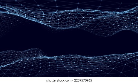 Ola futurista en movimiento. Fondo digital con partículas y líneas de brillo en movimiento. Gran visualización de datos. Ilustración vectorial.
