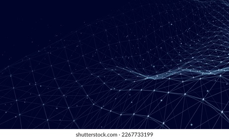 Futuristic moving wave. Digital background with moving glowing particles and lines. Big data visualization. Vector illustration.