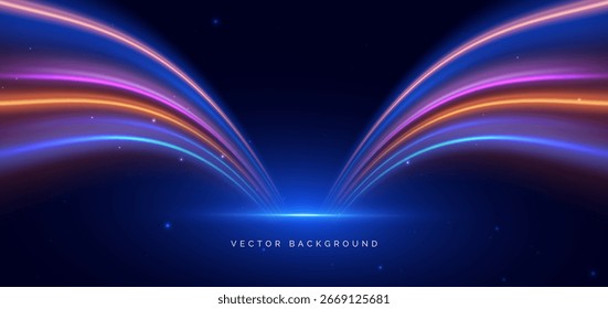 Rayos multicolores futuristas sobre fondo azul oscuro. El efecto nocturno de alta velocidad desenfoca el movimiento de la velocidad. Ilustración vectorial