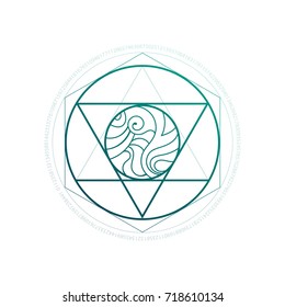 Futuristic mystical tattoo sketch with interlocking triangles, circles and ethnic ornaments.