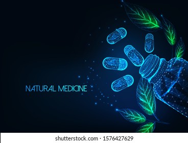 Futuristic natural medicine concept with glowing low polygonal capsule pills, bottle and green leaves on dark blue background. 