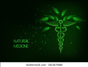 Futuristic natural medicine concept with glowing low polygonal caduceus symbol with green leaves on dark green background. Alternative medicine. Modern wireframe mesh design vector illustration.
