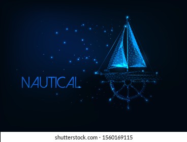 Futuristic nautical concept with glowing low polygonal yacht boat and ship wheel made of lines, stars, light particles on dark blue background. Modern wire frame mesh design vector illustration.