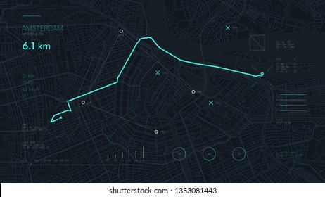 Futuristic Navigate Mapping Technology Dashboard GPS Tracking Map, Showing Movement And Final Destination On The Streets Of The City Amsterdam, High Tech Vector Background