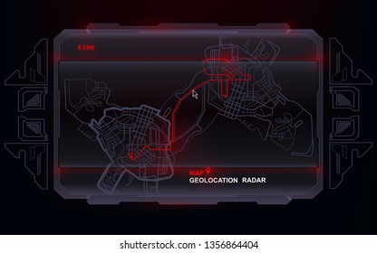 Futuristic Navigate Mapping Technology Dashboard GPS Tracking Map, Showing Movement And Final Destination On The Streets Of The City, High Tech HUD Background