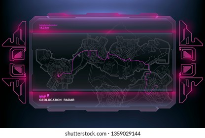 Futuristic navigate mapping technology dashboard GPS tracking map, showing movement and final destination on the streets of the city, high tech HUD background