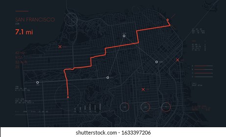 Futuristic navigate mapping technology dashboard GPS tracking map, showing movement and final destination on the streets of the city San Francisco